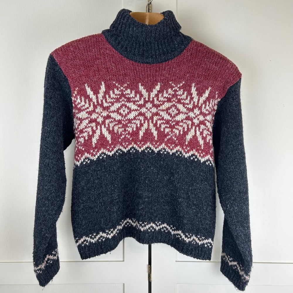 Vintage St Johns Bay Sweater Large Wool Blend Nordic Snowflake Turtleneck Red